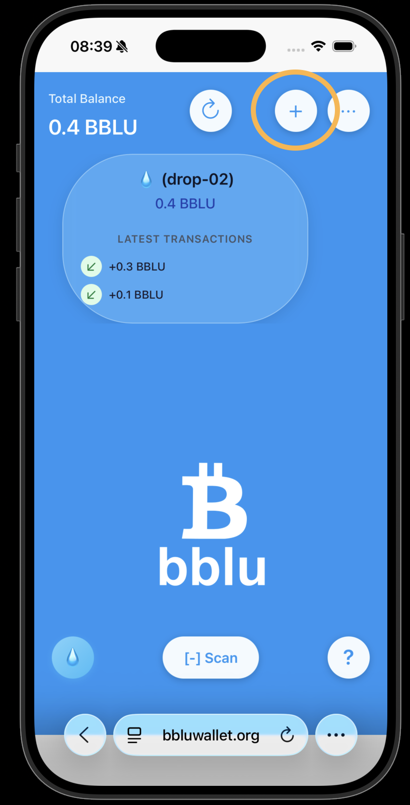 BBLU Wallet main screen with plus button